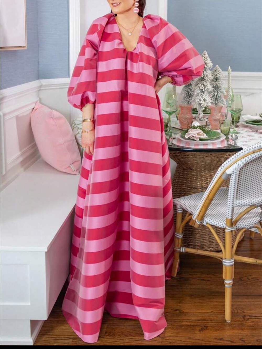Striped Pink Maxi Dress with Balloon Sleeves